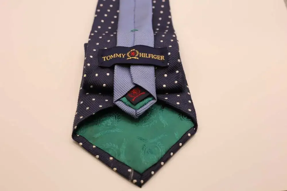 Tommy Hilfiger Navy Blue and White Polka Dot Silk Necktie